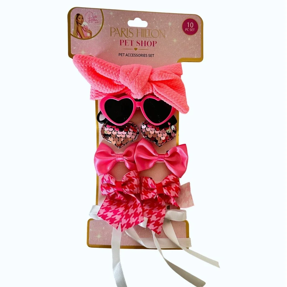 Paris Hilton Pet Shop Dog Accessory Set 10pc Pink New Bows Sunglasses Headband